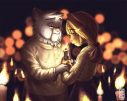  2020 5:4 anthro barong_(clothing) blonde_hair blue_eyes blurred_background bobby_bastion bokeh candle candlelight candlestick depth_of_field detailed digital_drawing_(artwork) digital_media_(artwork) domestic_cat duo elsa_bastion eye_contact felid feline felis female hair half-length_portrait hand_holding holding_object intraspecies lackadaisy light looking_at_another looking_at_partner male male/female mammal night notxtwhiledrive portrait sad somber tied_hair 