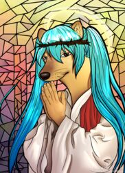  2020 anthro blue_hair brown_eyes canid canine canis cheems christianity clothed clothing crown_of_thorns doge dogelore domestic_dog dorime fur hair halo hatsune_miku humanoid_hands lol_comments looking_at_viewer male mammal meme praying religion robe shiba_inu solo spitz stained_glass tan_body tan_fur vocaloid whiskers yuzuhitsuji 