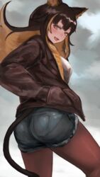  :d animal_ears black_hair blonde_hair breasts brown_eyes brown_jacket brown_pantyhose cat_ears cat_girl cat_tail cloud cloudy_sky commentary_request cowboy_shot crossed_bangs denim female hair_between_eyes hand_in_pocket highres indie_virtual_youtuber jacket long_hair looking_at_viewer looking_back multicolored_hair nekoyo_chloe oerba_yun_fang open_mouth outdoors pantyhose shirt shorts skin_fang sky smile soleil_(soleilmtfbwy03) solo streaked_hair tail two-tone_hair virtual_youtuber white_shirt 