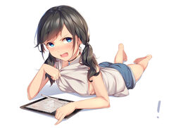  ! absurdres amano_hina_(tenki_no_ko) barefoot blue_eyes blue_shorts blush breasts brown_hair cardigan chinese_commentary choker collarbone commentary_request female grey_cardigan highres hood hood_down hooded_cardigan hoodie long_hair looking_at_viewer lying no_bra on_stomach sgt-jz short_shorts shorts sideboob simple_background sleeveless sleeveless_hoodie small_breasts solo swept_bangs tenki_no_ko twintails v-shaped_eyebrows white_background 