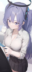  1boy adjusting_another&#039;s_clothes adjusting_clothes adjusting_necktie black_skirt blue_archive breasts cleavage collarbone female halo highres long_hair mcg6 medium_breasts necktie open_collar pleated_skirt purple_eyes purple_hair sensei_(blue_archive) shirt skirt solo_focus straight two_side_up very_long_hair white_shirt yuuka_(blue_archive) 