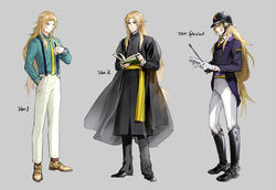  3boys alternate_costume aqua_shirt bad_id bad_pixiv_id belt black_footwear black_pants blonde_hair book boots cassock changye chiron_(fate) collared_shirt curtained_hair fate/grand_order fate_(series) full_body gloves grey_background hand_in_pocket helmet holding holding_book holding_riding_crop jacket jockey long_hair looking_at_object low-tied_long_hair male_focus multiple_boys multiple_persona necktie open_book pants purple_jacket reading reference_sheet riding_boots riding_crop riding_outfit sash shirt shoes sidelocks simple_background standing suspenders watch white_gloves white_pants white_shirt wristwatch yellow_belt yellow_footwear yellow_necktie yellow_sash 