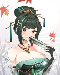  bare_shoulders black_gloves black_hair breasts brown_eyes china_dress chinese_clothes cleavage commentary_request dress female folded_ponytail folding_fan gloves green_dress green_hair hair_ornament hand_fan hanying:_zitherwoe_(punishing:_gray_raven) hanying_(punishing:_gray_raven) highres holding holding_fan jewelry korean_commentary large_breasts long_hair multicolored_hair myam_(123ab456c) necklace partially_fingerless_gloves punishing:_gray_raven sidelocks streaked_hair 