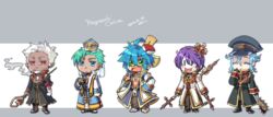  5boys ahoge aqua_hair arch_bishop_(ragnarok_online) asymmetrical_hair beard biretta black_coat black_footwear black_gloves black_headwear blood blood_on_weapon blue-framed_eyewear blue_coat blue_eyes blue_hair blush boots brown_pants chibi choker cigarette closed_mouth club_(weapon) coat commentary_request copyright_name cropped_jacket crosier cross cross_necklace crown dark-skinned_male dark_skin dated dual_wielding earrings eric_flay expressionless facial_hair fingerless_gloves full_body glasses gloves gold_trim green_eyes hair_between_eyes hat high_priest_(ragnarok_online) holding holding_staff holding_weapon jacket jewelry large_cross layered_clothes long_sleeves looking_at_viewer mace masked multicolored_coat multiple_boys necklace oerba_yun_fang official_alternate_costume open_clothes open_coat open_jacket open_mouth pants peaked_cap priest_(ragnarok_online) purple_hair ragnarok_online red_coat red_eyes shoes short_hair signature smile smoking spiked_club staff two-tone_coat two-tone_footwear weapon white_coat white_footwear white_gloves white_hair white_jacket white_pants 