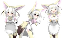  :3 animal_ears apron blonde_hair blush bow bowtie commentary cowboy_shot elbow_gloves embarrassed extra_ears female fennec_(kemono_friends) fox_ears fox_girl fox_tail gloves gradient_legwear highres karekusa_meronu kemono_friends ladle leaning_in looking_at_viewer multicolored_hair multiple_views nose_blush oven_mitts pink_sweater pleated_skirt pot puffy_short_sleeves puffy_sleeves short_hair short_sleeves skirt sweater tail thighhighs triangle_mouth two-tone_gloves two-tone_hair two-tone_legwear white_apron white_gloves white_hair white_legwear white_skirt yellow_bow yellow_bowtie yellow_gloves yellow_legwear zettai_ryouiki 