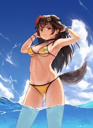  :3 animal_ears bikini blue_scrunchie blue_sky bone_hair_ornament breasts brown_eyes brown_hair cloud cowboy_shot cumulonimbus_cloud day dog_ears dog_girl dog_tail extra_ears female hair_between_eyes hair_ornament highres hololive inugami_korone long_hair medium_breasts outdoors partially_underwater_shot scrunchie sky solo standing swimsuit tail takimoto_nao virtual_youtuber wading water wrist_scrunchie yellow_bikini 