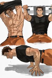  1boy abs bara bare_pectorals belt black_belt black_hair black_shirt clothes_lift exercising golden_kamuy highres large_pectorals male_focus muscular muscular_male navel nipples orange_pants pants pectorals scar scar_on_arm scar_on_cheek scar_on_chest scar_on_face scar_on_mouth scar_on_nose shirt shirt_lift short_hair solo sugimoto_saichi sweat sweatdrop ton_(ton19130318) undressing 