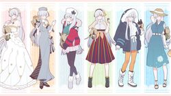  akitokage alternate_costume american_flag anastasia_(fate) anastasia_(festival_outfit)_(fate) anastasia_(shvibzik_snow)_(fate) anastasia_(under_the_same_sky)_(fate) blue_eyes boots breasts doll dress fate/grand_order fate_(series) female fur_hat gloves grey_hair hairband hat hood hooded_coat large_breasts long_dress long_hair multiple_views pantyhose papakha skirt straw_hat striped_clothes striped_skirt viy_(fate) white_gloves 