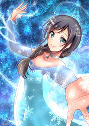  absurdres amano_hina_(tenki_no_ko) arm_up bad_id bad_pixiv_id black_hair blue_background blue_dress blue_eyes braid braided_ponytail breasts choker closed_mouth collarbone commentary_request cosplay dress elsa_(frozen) elsa_(frozen)_(cosplay) female frozen_(disney) hair_over_shoulder highres jewelry long_hair long_sleeves medium_breasts off-shoulder_dress off_shoulder outstretched_arms pendant snowflake_necklace snowflakes solo standing tenki_no_ko tina_(pixiv37050289) white_choker 