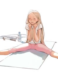  bad_id bad_pixiv_id blonde_hair blush bottle female highres jump_rope leggings long_hair luimiart original pants smile solo spread_legs very_long_hair water water_bottle white_background yoga_mat yoga_pants 