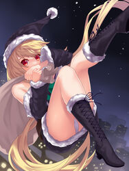  absurdres admiral_scheer_(warship_girls_r) bad_id bad_pixiv_id black_footwear black_hat black_santa_costume black_sleeves blonde_hair boots building christmas city cross-laced_footwear detached_sleeves female fur-trimmed_boots fur-trimmed_sleeves fur_trim hat highres long_hair low_twintails night outdoors panties pixiv12725231 red_eyes santa_costume santa_hat solo twintails underwear very_long_hair warship_girls_r white_panties 