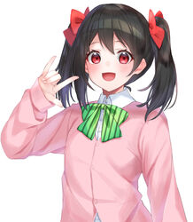  :d \m/ black_hair blush bow cardigan collared_shirt commentary_request diagonal-striped_bow diagonal_stripes dress_shirt female fingernails green_bow hair_between_eyes hairbow hand_up hashiko_nowoto highres love_live! love_live!_school_idol_project open_mouth parted_bangs pink_cardigan red_bow red_eyes shirt simple_background smile solo striped striped_bow twintails upper_body white_background white_shirt yazawa_nico 