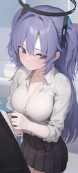  1boy adjusting_another&#039;s_clothes adjusting_clothes adjusting_necktie averting_eyes black_skirt blue_archive blush breasts cleavage collarbone embarrassed female halo highres long_hair mcg6 medium_breasts necktie nose_blush open_collar pleated_skirt purple_eyes purple_hair sensei_(blue_archive) shirt skirt solo_focus straight two_side_up very_long_hair white_shirt yuuka_(blue_archive) 