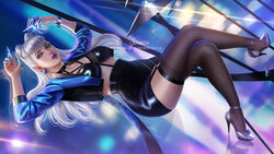  breasts claws cropped_jacket earrings evelynn_(league_of_legends) female garter_straps glass high_heels jacket jewelry k/da_(league_of_legends) k/da_all_out_evelynn kneehighs league_of_legends lipstick long_hair looking_at_viewer lying makeup nose open_clothes socks solo white_hair wickellia yellow_eyes 