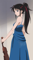  black_eyes black_hair blue_dress closed_mouth dress female han&#039;you_no_yashahime haruyama_kazunori holding holding_instrument holding_violin instrument inuyasha long_hair looking_at_viewer multicolored_hair ponytail red_hair setsuna_(inuyasha) sleeveless sleeveless_dress solo two-tone_hair violin 