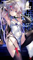  9a-91_(girls&#039;_frontline) :o absurdres alternate_costume alternate_hairstyle arm_up armpits bare_shoulders black_panties black_thighhighs blue_eyes blush braid braided_bun breasts bridal_gauntlets china_dress chinese_clothes cleavage_cutout close-up clothing_cutout commentary commentary_request covered_navel double_bun dress eyelashes feather_boa female fine_fabric_emphasis garter_straps girls&#039;_frontline grey_hair hair_between_eyes hair_bun hair_ornament hairclip highleg highleg_panties highres holding leg_up long_hair looking_at_viewer lychee multi-strapped_panties panties parted_lips pelvic_curtain pottsness shiny_clothes shiny_legwear side-tie_panties side_cutout skindentation sleeveless sleeveless_dress sleeveless_turtleneck small_breasts solo string_panties tassel thighhighs thighs turtleneck twintails twitter_username underwear very_long_hair white_dress 