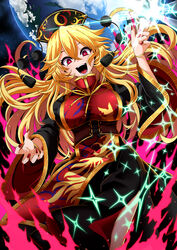  absurdres arm_up aura bangle blonde_hair bracelet breasts chinese_clothes corset cropped_legs earth_(planet) energy female fox_print frilled_sleeves frills gold_trim hair_between_eyes highres jewelry junko_(touhou) large_breasts long_hair long_sleeves looking_at_viewer nail_polish neck_ribbon open_mouth phoenix_crown planet red_eyes red_nails ribbon rihito_(usazukin) sash smile solo sparkle tabard tassel teeth tongue touhou wide_sleeves yellow_ribbon 