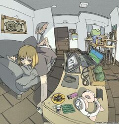  1boy animal_ear_headphones animal_ears apartment arm_tattoo ashtray bliss_(image) blonde_hair blue_eyes blue_shirt blush brown_shirt cat_ear_headphones chair cigarette computer computer_mouse couch fake_animal_ears female fisheye headphones holding holding_phone indoors lamp laptop lighter lying medium_hair no_pants on_stomach original panties pantsu-ripper pepe_the_frog phone pill plant potted_plant shirt sidelocks sitting table tattoo underwear wacom white_panties windows_xp 