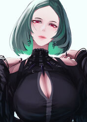  absurdres black_dress breasts cleavage_cutout clothing_cutout commentary dress earrings english_commentary female green_hair hands_up highres hiyaori_(hiyahiyaval) jewelry large_breasts lips long_sleeves looking_at_viewer mole mole_under_eye necklace original parted_lips red_eyes ring short_hair shoulder_cutout simple_background solo upper_body white_background 