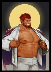  1boy abs absurdres alternate_costume bara bare_pectorals beard cowboy_shot facial_hair fate/grand_order fate/zero fate_(series) highres iskandar_(fate) jacket korean_commentary large_pectorals male_focus mature_male moon muscular muscular_male navel nipples open_clothes open_jacket pants pectorals red_eyes red_hair short_hair smile solo thick_thighs thighs traver009 white_pants 