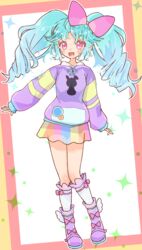  :d animal_print aqua_hair blush boots border bow bow_legwear colored_eyelashes commentary drill_hair female full_body hair_flaps hairbow highres hood hood_down hoodie idol_land_pripara katasumi_amari kneehighs knees_together_feet_apart long_hair long_sleeves miniskirt mismatched_eyelashes multicolored_clothes multicolored_hoodie multicolored_skirt open_mouth outline outside_border pink_border pink_bow pink_eyes pretty_series pripara purple_footwear purple_hoodie rabbit_print rainbow_skirt shiny_skin sidelocks simple_background skirt sleeves_past_wrists smile socks solo sparkle srrr_48479587 standing twin_drills twintails white_background white_hoodie white_outline winged_footwear yellow_border yellow_hoodie 