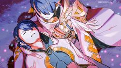  2boys alfonse_(fire_emblem) armor blonde_hair blue_hair blue_shirt cape closed_eyes closed_mouth coat cosplay doppelganger dual_persona fire_emblem fire_emblem_heroes gradient_hair grass hair_between_eyes hair_over_eyes highres hood hood_down hooded_coat kiran_(fire_emblem) kiran_(fire_emblem)_(cosplay) lap_pillow multicolored_hair multiple_boys open_clothes open_mouth scale_armor shirt short_hair shoulder_armor sitting spoilers teeth tnka_3 twitter_username white_armor white_cape white_coat 