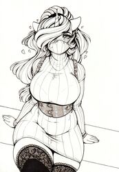  anthro belly big_breasts blush breasts clothing corset dress ear_piercing equid equine fan_character female floating_hearts hair hasbro heart_eyes heart_symbol hi_res horn legwear lingerie long_hair long_sleeves longinius mammal mask monochrome my_little_pony mythological_creature mythological_equine mythology navel_outline panty_lines piercing silk_lace_(oc) sitting slightly_chubby slightly_chubby_female solo stockings straps thigh_highs tight_clothing topwear traditional_media_(artwork) unicorn unicorn_horn wide_hips 