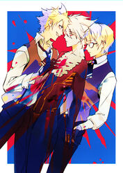  3boys ascot bad_id bad_pixiv_id bara blonde_hair blue_eyes boy_sandwich changye chest_jewel dual_persona fate/apocrypha fate/grand_order fate/prototype fate/prototype:_fragments_of_blue_and_silver fate_(series) fur_collar glasses gloves half_gloves jekyll_and_hyde_(fate) karna_(fate) male_focus messy_hair multiple_boys red_eyes sandwiched vest waistcoat white_hair 