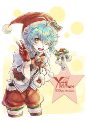  ahoge akatsuki_no_kiseki alternate_costume aqua_hair bell bow bowtie breasts character_name christmas copyright_name cowboy_shot eiyuu_densetsu female fur-trimmed_gloves fur_trim gloves green_thighhighs hair_between_eyes hair_ornament hand_on_own_hip hat hat_bow irise_ryouji looking_at_viewer millium_orion one_eye_closed open_mouth pom_pom_(clothes) puffy_short_sleeves puffy_sleeves red_bow red_bowtie red_gloves red_hat red_thighhighs santa_costume santa_hat sen_no_kiseki shirt short_hair short_sleeves shorts simple_background small_breasts smile solo star_(symbol) star_hair_ornament striped_clothes striped_thighhighs thighhighs v white_background yellow_eyes zettai_ryouiki 