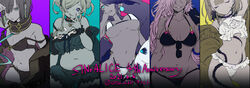  1boy 4girls anniversary bikini bikini_top_only blonde_hair blue_eyes blue_hair blunt_bangs bob_cut braid breasts briar_rose_(sinoalice) brown_hair cape cetus_kkk choker cinderella_(sinoalice) coat column_lineup commentary_request dark-skinned_female dark_skin double_bun earrings english_text fins green_eyes green_little_pig_(sinoalice) gretel_(sinoalice) grin hair_bun hair_over_one_eye highres icing jewelry large_breasts looking_at_viewer multicolored_hair multiple_girls ningyo_hime_(sinoalice) otoko_no_ko pajamas plant plump ponytail ribbon short_hair sidelocks sinoalice sleeping smile sunglasses swimsuit teeth thorns twintails two-tone_hair unworn_eyewear vines 