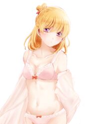  asahina_mirai blonde_hair blush bra breasts cleavage collarbone female groin hair_between_eyes hair_ribbon kononkono long_hair looking_at_viewer mahou_girls_precure! navel panties pink_bra pink_eyes pink_panties precure red_ribbon ribbon shiny_skin simple_background small_breasts solo standing tied_hair underwear underwear_only white_background 