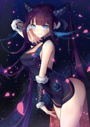  bare_shoulders black_dress blue_background blue_eyes blunt_bangs blush breasts china_dress chinese_clothes cleavage closed_mouth detached_sleeves dress fate/grand_order fate_(series) female gradient_background hair_ornament long_hair looking_at_viewer medium_breasts oninaart petals purple_hair revision smile solo thighs twintails very_long_hair yang_guifei_(fate) yang_guifei_(second_ascension)_(fate) 