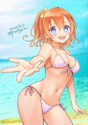  bad_id bad_twitter_id beach bikini blue_eyes blue_sky blurry blurry_background cloud cloudy_sky commentary cowboy_shot dated day depth_of_field duplicate dutch_angle female front-tie_bikini_top front-tie_top groin hair_ribbon halterneck highres horizon kosaka_honoka looking_at_viewer love_live! love_live!_school_idol_project medium_hair miyamae_porin navel ocean one_side_up open_mouth orange_hair outdoors pixel-perfect_duplicate reaching reaching_towards_viewer ribbon short_hair side-tie_bikini_bottom sky smile solo standing string_bikini swimsuit twitter_username white_bikini yellow_ribbon 