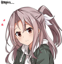  alternate_costume bad_id bad_twitter_id female green_jacket high_ponytail hood hooded_sweater hoodie jacket kantai_collection light_brown_hair long_hair looking_at_viewer meguru_(megurunn) ponytail simple_background smile solo sweater twitter_username upper_body white_background white_sweater zuihou_(kancolle) 