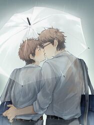  2boys absurdres ace_of_diamond back bag belt black_pants blush brown_eyes brown_hair closed_eyes glasses hand_on_another&#039;s_back highres holding holding_umbrella iramiikaiiri kissing male_focus miyuki_kazuya multiple_boys outdoors pants rain sawamura_eijun school_bag school_uniform shared_umbrella shirt short_hair sideburns transparent transparent_umbrella umbrella water_drop wet wet_clothes white_shirt yaoi 