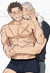  2boys abs absurdres bara black_hair black_male_underwear black_pants black_shirt blush bulge closed_eyes couple facial_hair golden_kamuy grey_hair highres hug hug_from_behind large_pectorals looking_at_another male_focus male_underwear multiple_boys muscular muscular_male nipples one_eye_closed open_mouth pants pectorals scar scar_on_arm scar_on_cheek scar_on_chest scar_on_face scar_on_mouth scar_on_nose shiraishi_yoshitake shirt short_hair simple_background smile sugimoto_saichi teeth ton_(ton19130318) topless_male underwear very_short_hair white_background yaoi 