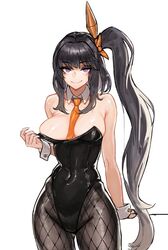  architect_(girls&#039;_frontline) bare_shoulders between_breasts black_hair breasts cleavage commentary_request covered_navel cowboy_shot detached_collar female fishnet_pantyhose fishnets girls&#039;_frontline hair_ornament highres kahill korean_commentary large_breasts leotard long_hair looking_at_viewer necktie necktie_between_breasts one_side_up orange_necktie pantyhose playboy_bunny purple_eyes ringed_eyes sangvis_ferri sidelocks smile solo strapless strapless_leotard very_long_hair white_background wrist_cuffs 