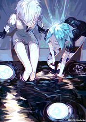  2others androgynous antarcticite aqua_hair artist_name black_clothes black_gloves black_necktie blue_hair blue_nails closed_eyes closed_mouth colored_eyelashes colored_skin commentary crystal_hair english_commentary from_above gem_uniform_(houseki_no_kuni) gloves hair_over_one_eye highres houseki_no_kuni liquid multiple_others nail_polish necktie open_mouth other_focus oyakorodesu pale_skin parted_bangs phosphophyllite short_hair short_sleeves shorts sitting smile soaking_feet soaking_hands sparkle spoilers talking twitter_username water white_hair white_skin 