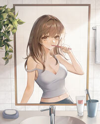  absurdres arm_up bare_arms bare_shoulders bathroom breasts brown_eyes brown_hair brushing_teeth chungla cleavage collarbone cup faucet female female_pov highres indoors light_blush long_hair looking_at_viewer medium_breasts mirror navel original plant potted_plant pov sink sleeveless soap solo strap_slip tank_top tile_wall tiles toothbrush toothpaste towel upper_body white_tank_top 