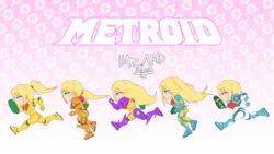  arm_cannon armor blonde_hair blue_eyes chibi closed_mouth expressionless from_side fusion_suit gravity_suit_(metroid) hair_down half-closed_eyes hazard_sys highres long_hair metroid metroid_(classic) metroid_dread metroid_fusion metroid_prime mole mole_under_mouth ponytail power_armor power_suit_(metroid) running samus_aran sequential short_hair v_arms varia_suit weapon 