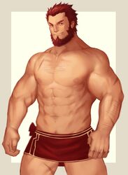  1boy abs alternate_body_hair bara beard chest_hair cowboy_shot facial_hair fate/grand_order fate/zero fate_(series) highres iskandar_(fate) large_pectorals male_focus mature_male muscular muscular_male naked_towel navel navel_hair nipples pectorals red_eyes red_hair ryker scar short_hair solo thick_thighs thighs topless_male towel 