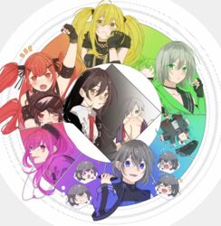  6+girls ahoge bad_id bad_pixiv_id black_hair blonde_hair blue_eyes character_doll color_wheel commentary_request creator_connection cz75_(girls&#039;_frontline) fingerless_gloves g11_(girls&#039;_frontline) girls&#039;_frontline gloves goggles goggles_on_head gradient green_eyes green_hair grey_hair hair_ornament hair_scrunchie hair_tubes highres js05_(girls&#039;_frontline) long_hair m950a_(girls&#039;_frontline) mg5_(girls&#039;_frontline) multiple_girls nz75_(girls&#039;_frontline) one_eye_closed open_mouth p22_(girls&#039;_frontline) pink_eyes pink_hair pm-06_(girls&#039;_frontline) pm-9_(girls&#039;_frontline) r5_(girls&#039;_frontline) rabb_horn red_eyes red_hair scrunchie short_hair smile spoken_character tongue tongue_out twintails yellow_eyes 