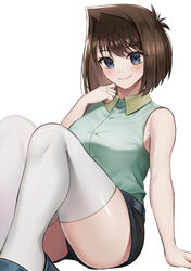  absurdres aqua_shirt arm_support bad_id bad_pixiv_id belt blue_footwear blush breasts brown_hair buttons collared_shirt ebinomi female highres knees_up looking_at_viewer mazaki_anzu medium_breasts medium_hair shirt shorts simple_background sitting skindentation sleeveless sleeveless_shirt smile solo thighhighs white_background white_thighhighs yu-gi-oh! yu-gi-oh!_duel_monsters 