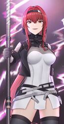  black_hairband black_jacket black_ribbon black_thighhighs bodysuit breasts cesvelox female hair_ribbon hairband highres holding holding_polearm holding_weapon jacket long_hair open_mouth polearm ponytail punishing:_gray_raven red_eyes red_hair ribbon sidelocks spear teeth thighhighs upper_teeth_only vera:_garnet_(punishing:_gray_raven) vera_(punishing:_gray_raven) very_long_hair weapon white_bodysuit 