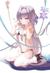  bikini black_footwear breasts doll doll_joints female flower frown hair_intakes herta_(honkai:_star_rail) highres honkai:_star_rail honkai_(series) joints looking_at_viewer micro_bikini purple_eyes purple_hair shoes sitting small_breasts solo speech_bubble spoken_sweatdrop sweatdrop swimsuit toro_astro 