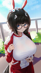  almn_sk animal_ears black-framed_eyewear black_hair blue_eyes blunt_bangs braid braided_ponytail breasts commentary commission crown_braid female glasses hair_ornament horse_ears horse_girl horse_tail huge_breasts jacket long_sleeves outdoors pixiv_commission red_jacket see-through shirt side_braid solo tail umamusume white_shirt zenno_rob_roy_(umamusume) 