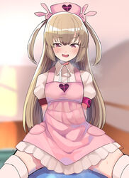  ababarion apron arms_behind_back ball bandages blush commentary cowboy_shot exercise_ball female hair_ornament hat heart highres indoors light_brown_hair long_hair looking_at_viewer natori_sana nurse_cap open_mouth pink_apron pink_hat puffy_short_sleeves puffy_sleeves rabbit_hair_ornament red_eyes sana_channel short_sleeves sitting solo sweatdrop two_side_up virtual_youtuber 