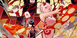  2girls arknights bare_shoulders bead_bracelet beads black_coat black_hair bracelet breasts china_dress chinese_clothes closed_mouth coat colored_skin dragon_girl dragon_horns dress dusk_(arknights) dusk_(everything_is_a_miracle)_(arknights) earrings fireworks gradient_skin hair_between_eyes hair_over_one_eye highres holding horns inuko_(redconstellation) jewelry lantern long_hair looking_at_viewer medium_breasts multiple_girls nian_(arknights) nian_(unfettered_freedom)_(arknights) night night_sky official_alternate_costume outstretched_arm paper_lantern pointy_ears purple_eyes red_eyes red_skin short_ponytail sky sleeveless sleeveless_dress smile white_dress 