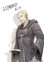  1boy beard black_coat_(kingdom_hearts) blonde_hair card character_name closed_mouth facial_hair gloves gogo_(detteiu_de) green_eyes jewelry kingdom_hearts kingdom_hearts_ii looking_at_viewer luxord male_focus organization_xiii playing_card simple_background solo white_background 