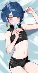  1boy alternate_costume bare_shoulders bikini black_bikini blue_background blue_eyes blue_hair cowboy_shot crop_top earrings food genshin_impact hand_in_own_hair hands_in_hair highres holding holding_own_hair jewelry looking_at_viewer male_focus midriff navel otoko_no_ko popsicle rrr_gns_(riuriu_1212) short_hair short_shorts shorts simple_background single_earring solo stomach swimsuit tassel tassel_earrings xingqiu_(genshin_impact) yellow_eyes 